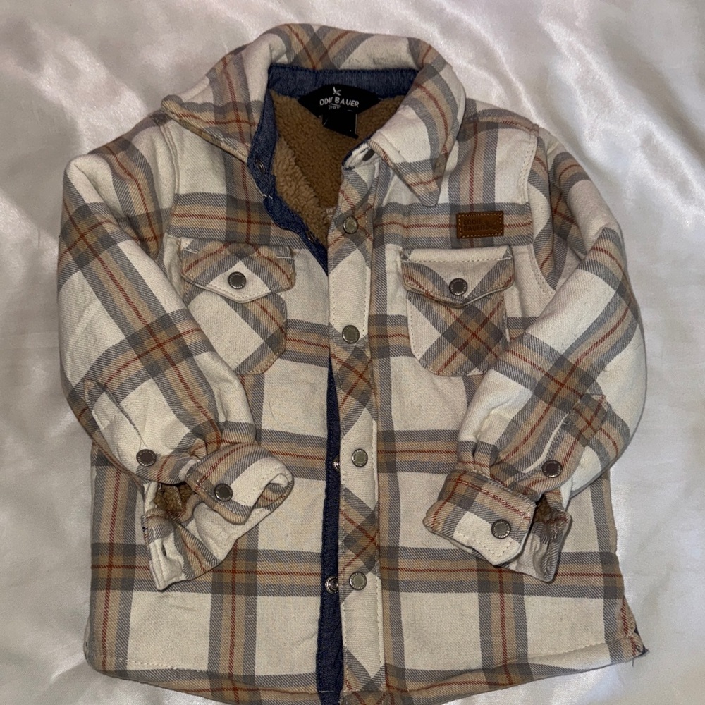 Eddie Bauer Cream Plaid Sherpa-Lined Kids Jacket with Brown and Gray Accents